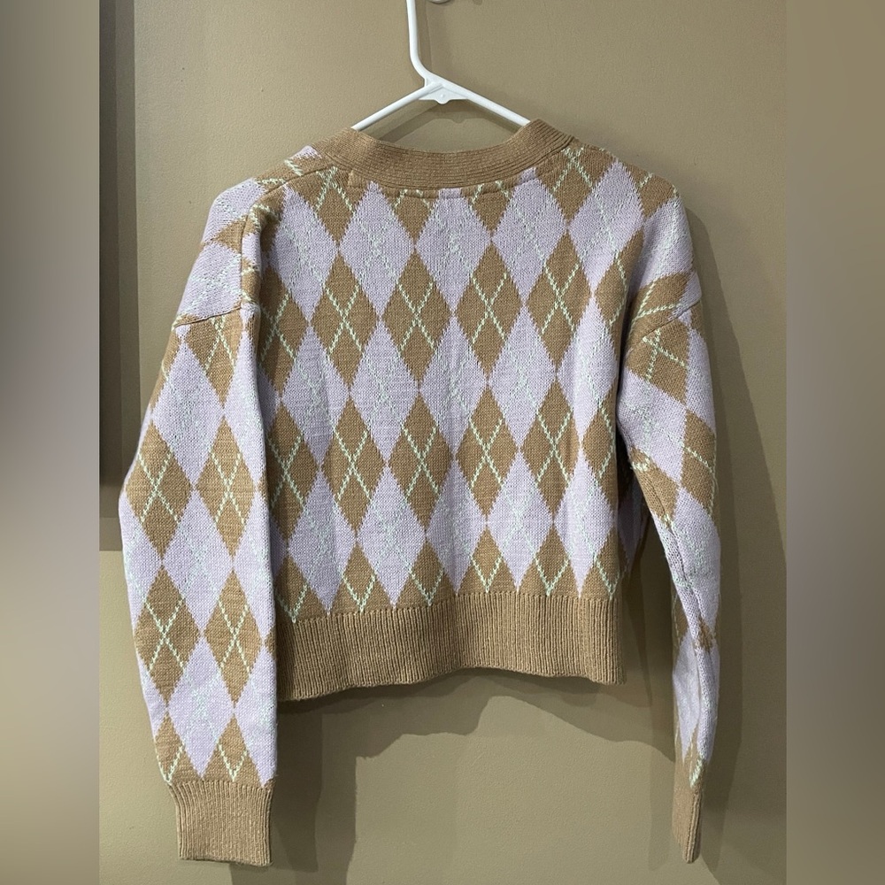 Argyle Patterned Cardigan Sweater - Tan and Cream - Picture 2 of 3